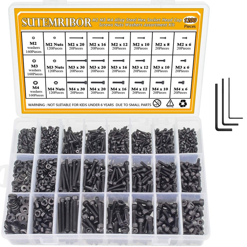 Sutemribor M2 M3 M4 Alloy Steel Screws Nuts and Washers 1200PCS, Sutemribor Hex Socket Head Cap Bolts Screws Nuts Washers Assortment Kit with Hex Wrenches - Image 1